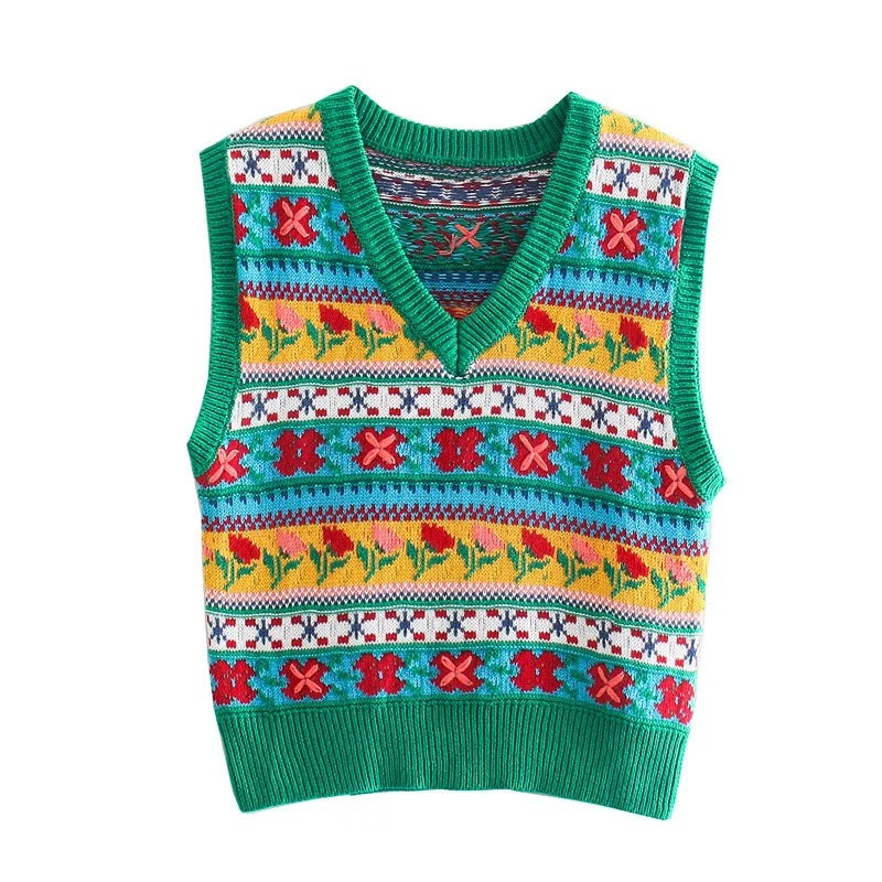 Women's Vintage Flower Jacquard Knit Vest