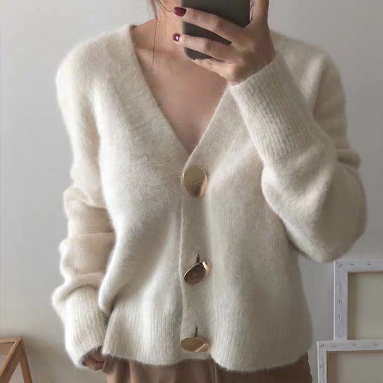 Thin And Lazy V-neck Padded Cardigan Sweater