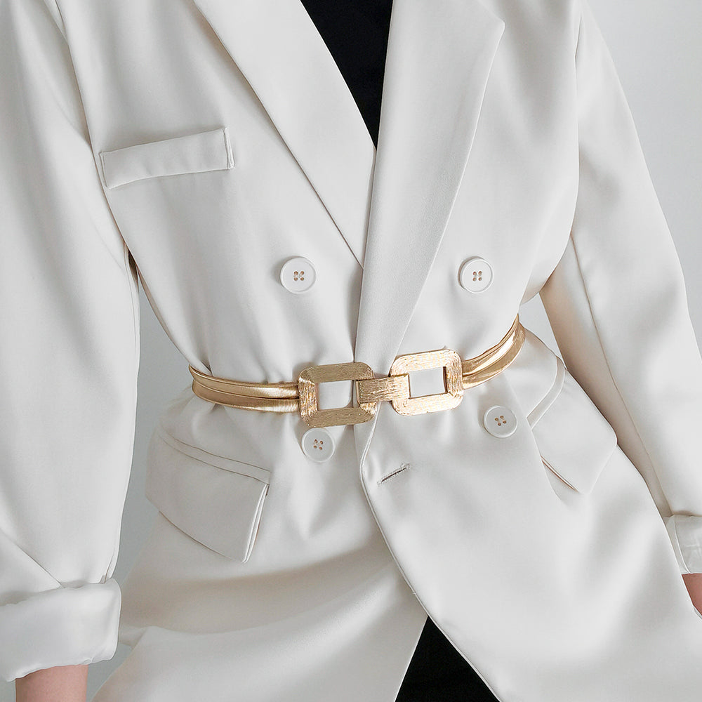 New Women's Metal Spring Waist Chain With Gold Elastic Square Buckle High-grade Elegant Coat Belt