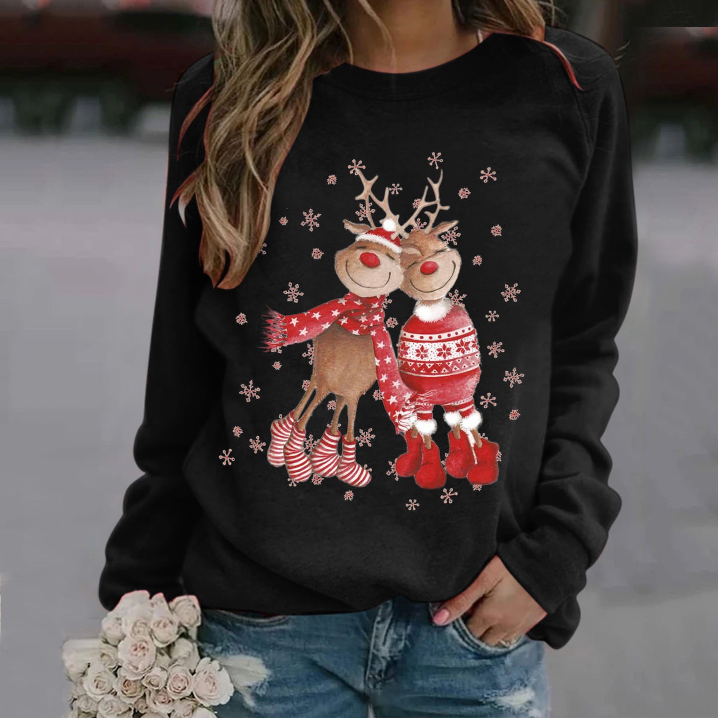 Women's Christmas Elk Digital Print Crew Neck Sweatshirt