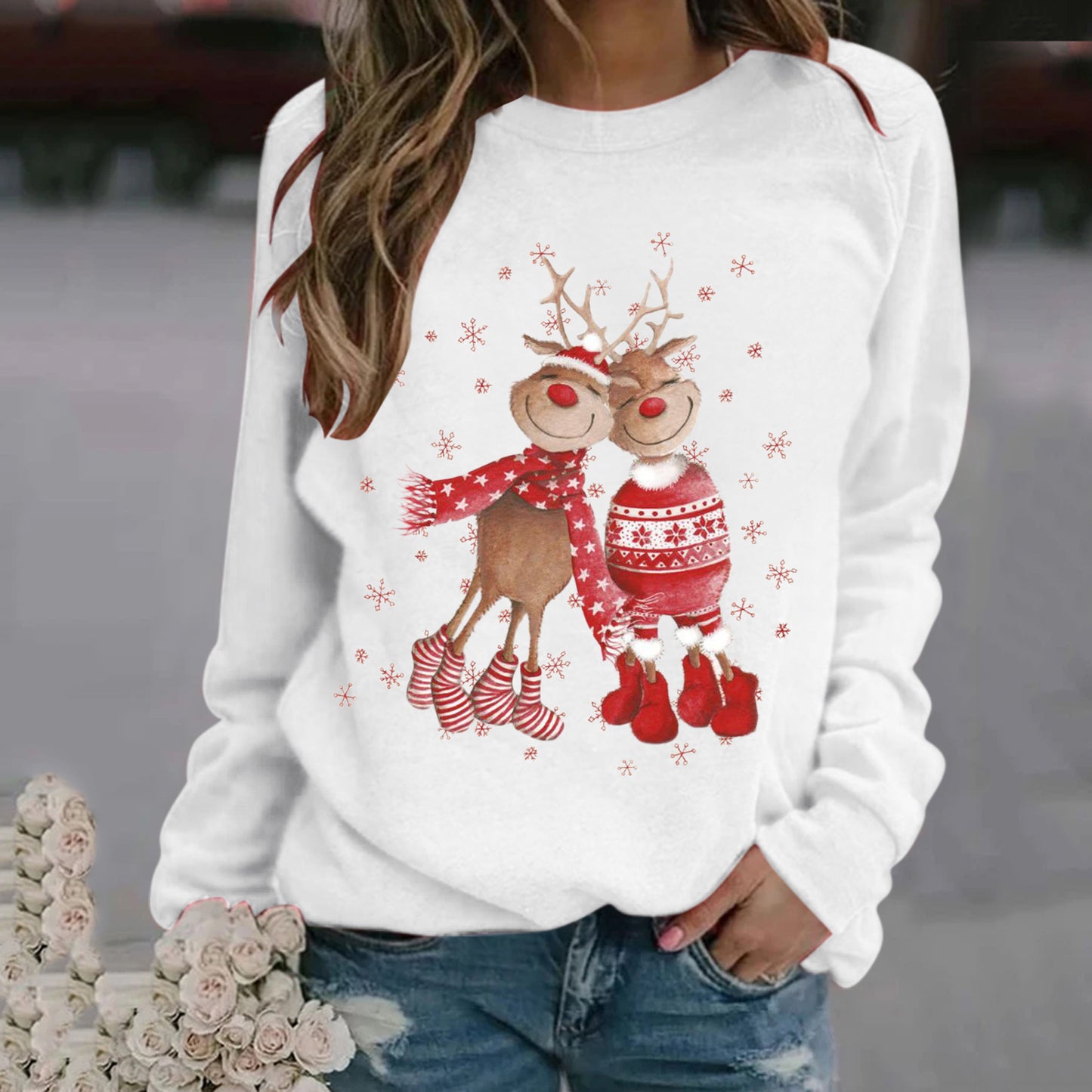 Women's Christmas Elk Digital Print Crew Neck Sweatshirt