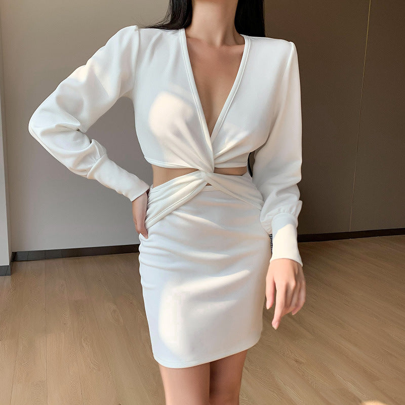 New Autumn Long Sleeve Slim Dress Sexy Collar Puff Sleeve Set Dress