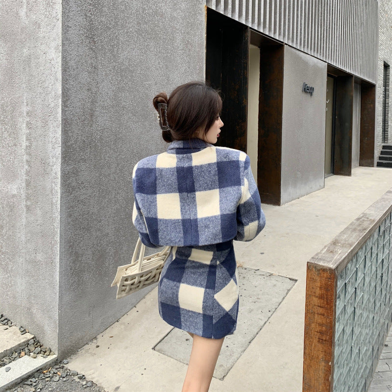 Women's Woolen Coat Salt Blue And White Check Skirt