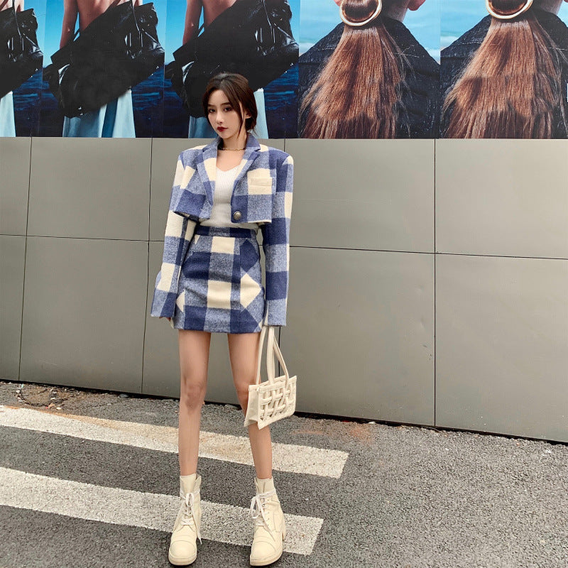 Women's Woolen Coat Salt Blue And White Check Skirt