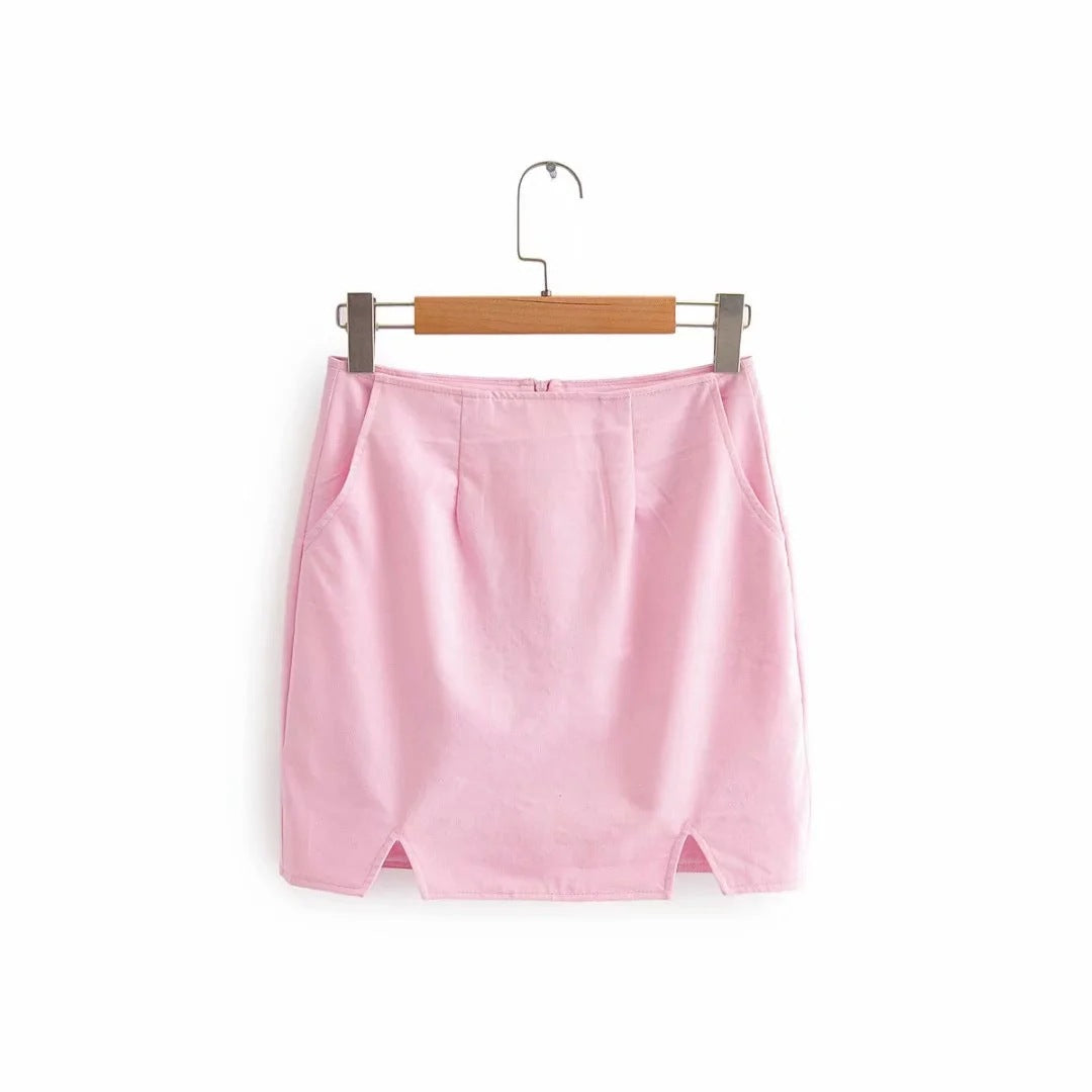 Pink Pocket Blouse Small Suit Split Half Skirt