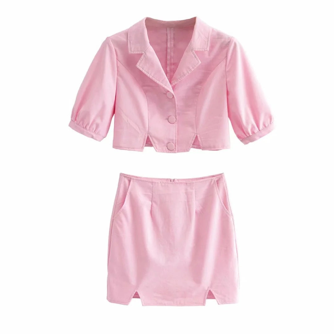 Pink Pocket Blouse Small Suit Split Half Skirt