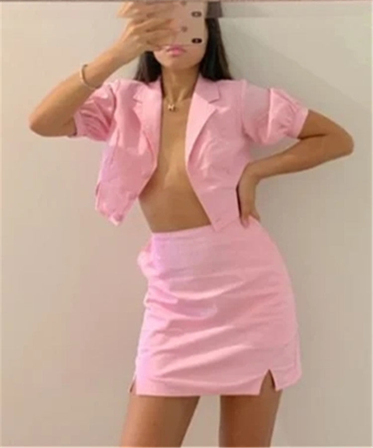 Pink Pocket Blouse Small Suit Split Half Skirt