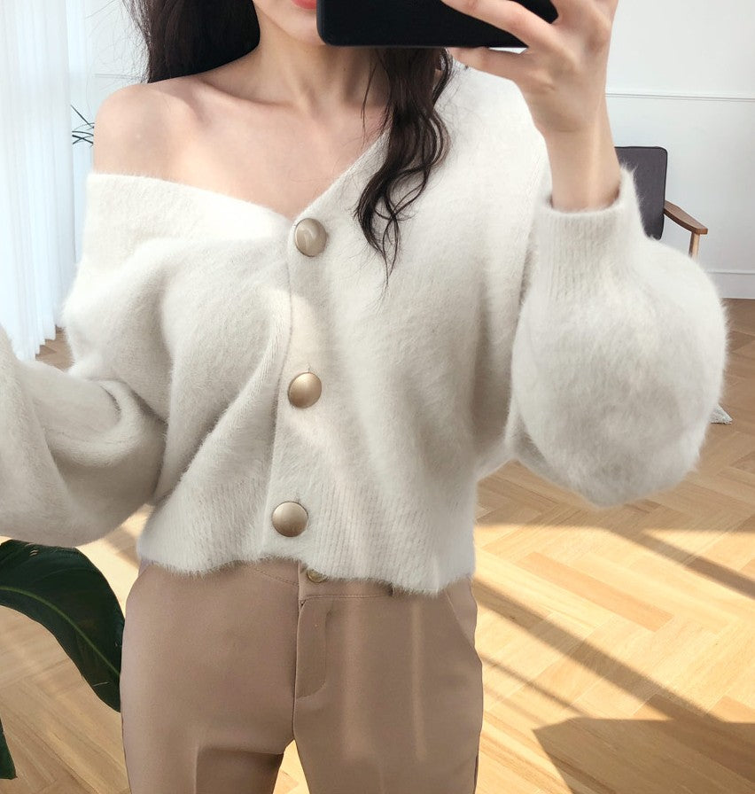 Thin And Lazy V-neck Padded Cardigan Sweater