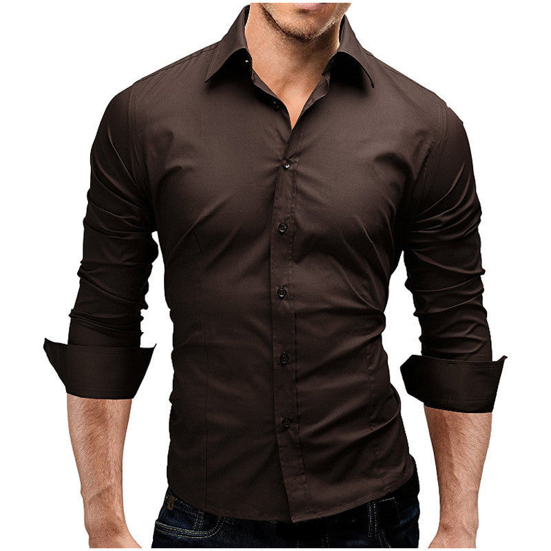 Men's Slim-fit Long-sleeved Solid Color Simple Formal Shirt