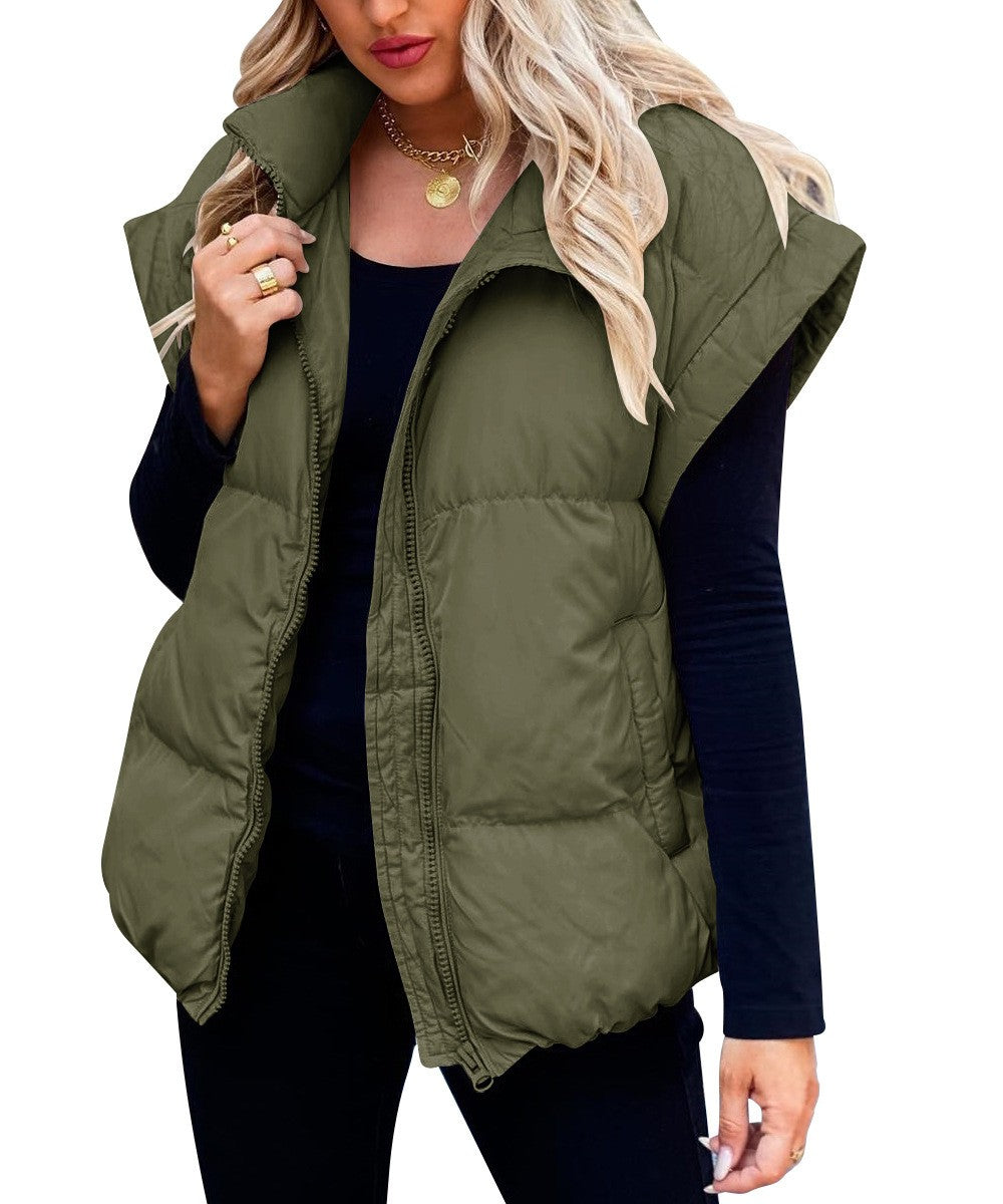 Women's Solid Color Zipper Pocket Cotton-padded Vest