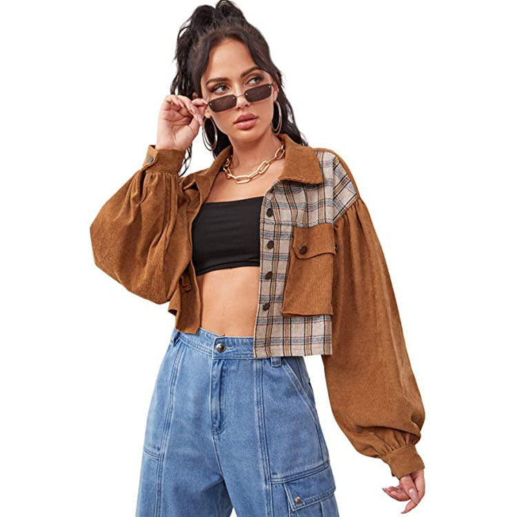 Women's Fashion Stitching Plaid Flip Corduroy Jacket