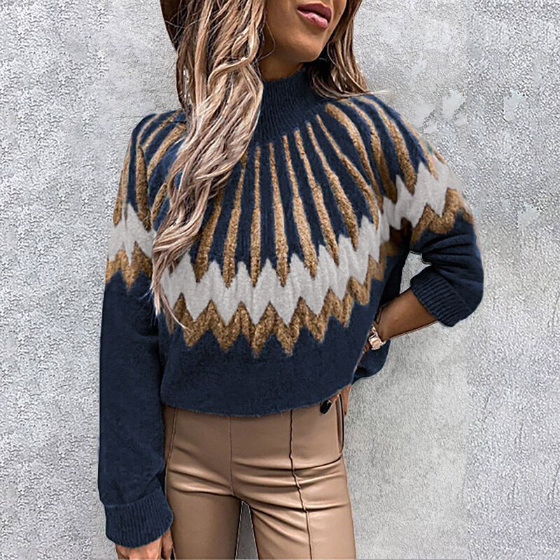 Women's Printed Turtleneck Long Sleeve Loose Casual Knit Sweater