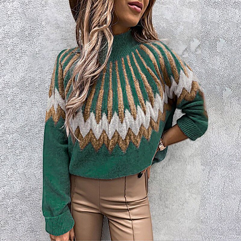 Women's Printed Turtleneck Long Sleeve Loose Casual Knit Sweater