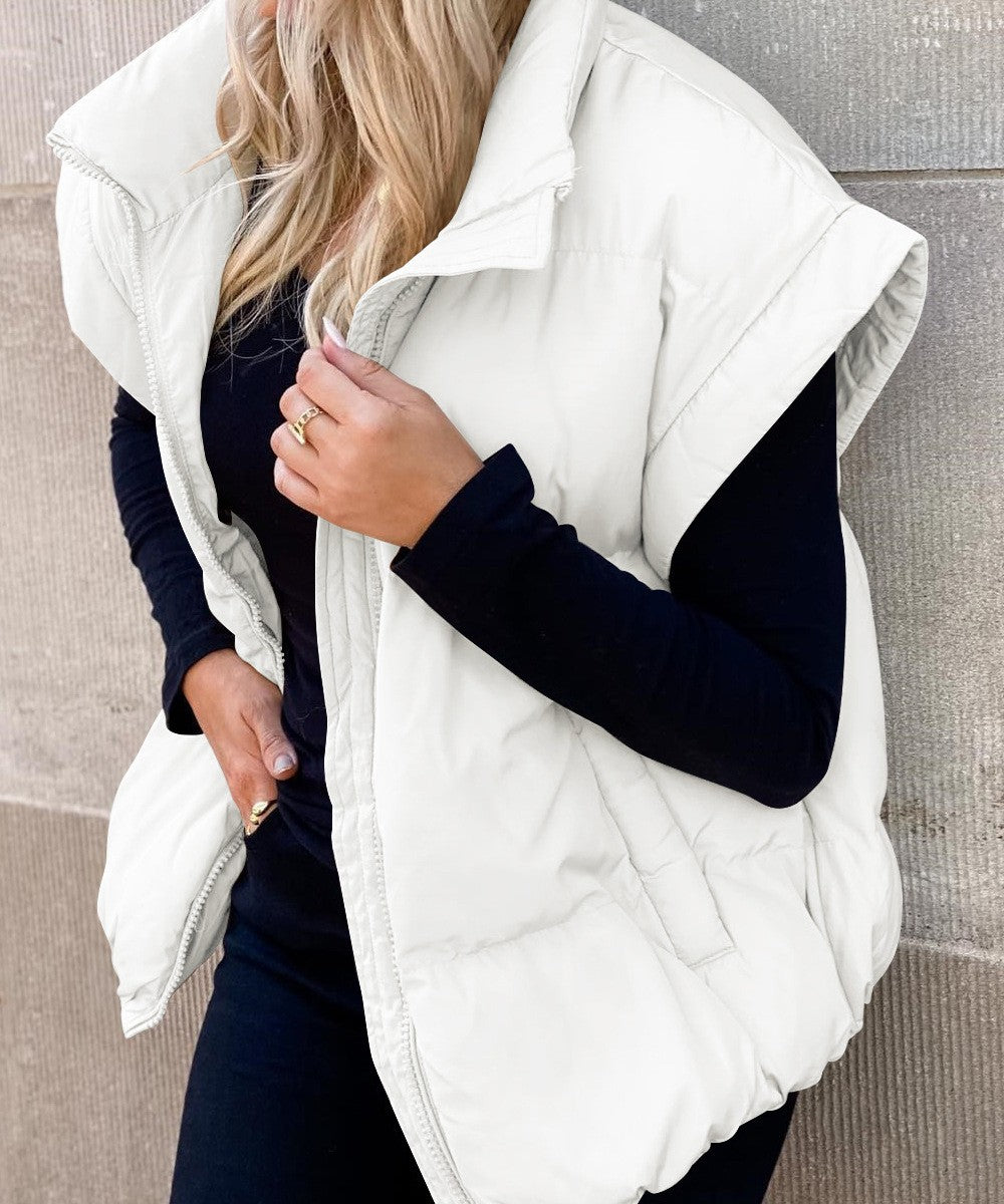 Women's Solid Color Zipper Pocket Cotton-padded Vest