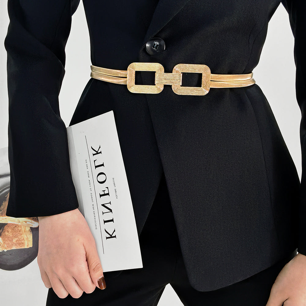 New Women's Metal Spring Waist Chain With Gold Elastic Square Buckle High-grade Elegant Coat Belt