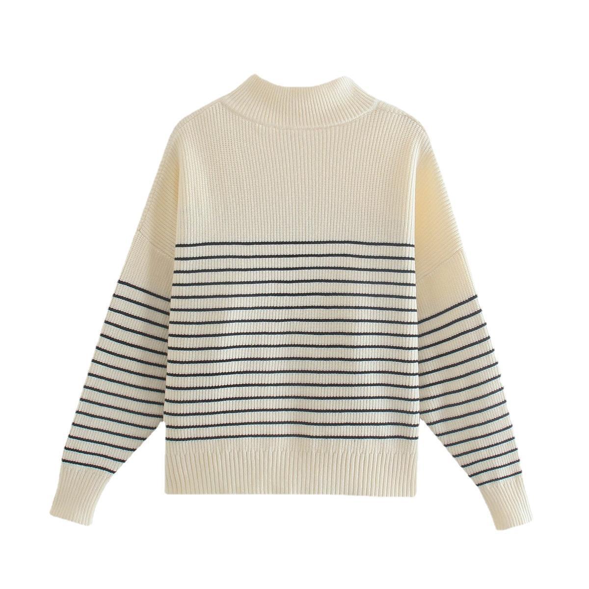 Striped Splicing Knitwear Zip-up Turtleneck Sweater