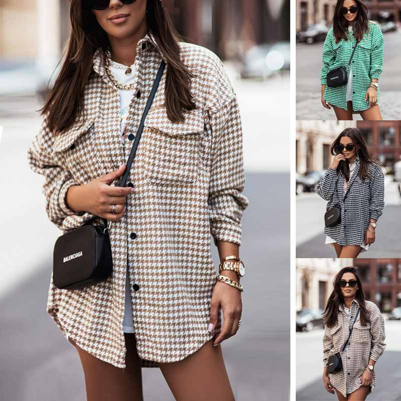 Women's Fashion Houndstooth Brushed Woolen Shirt Coat