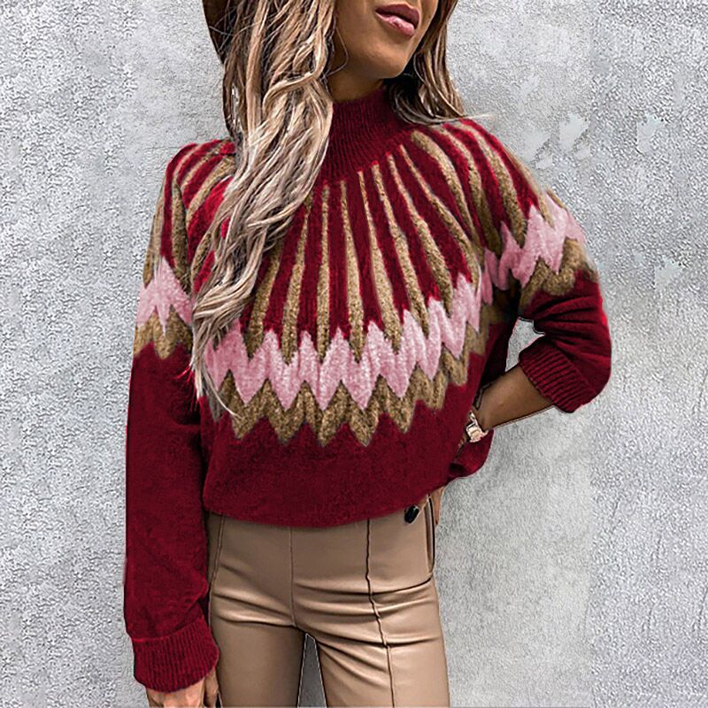 Women's Printed Turtleneck Long Sleeve Loose Casual Knit Sweater