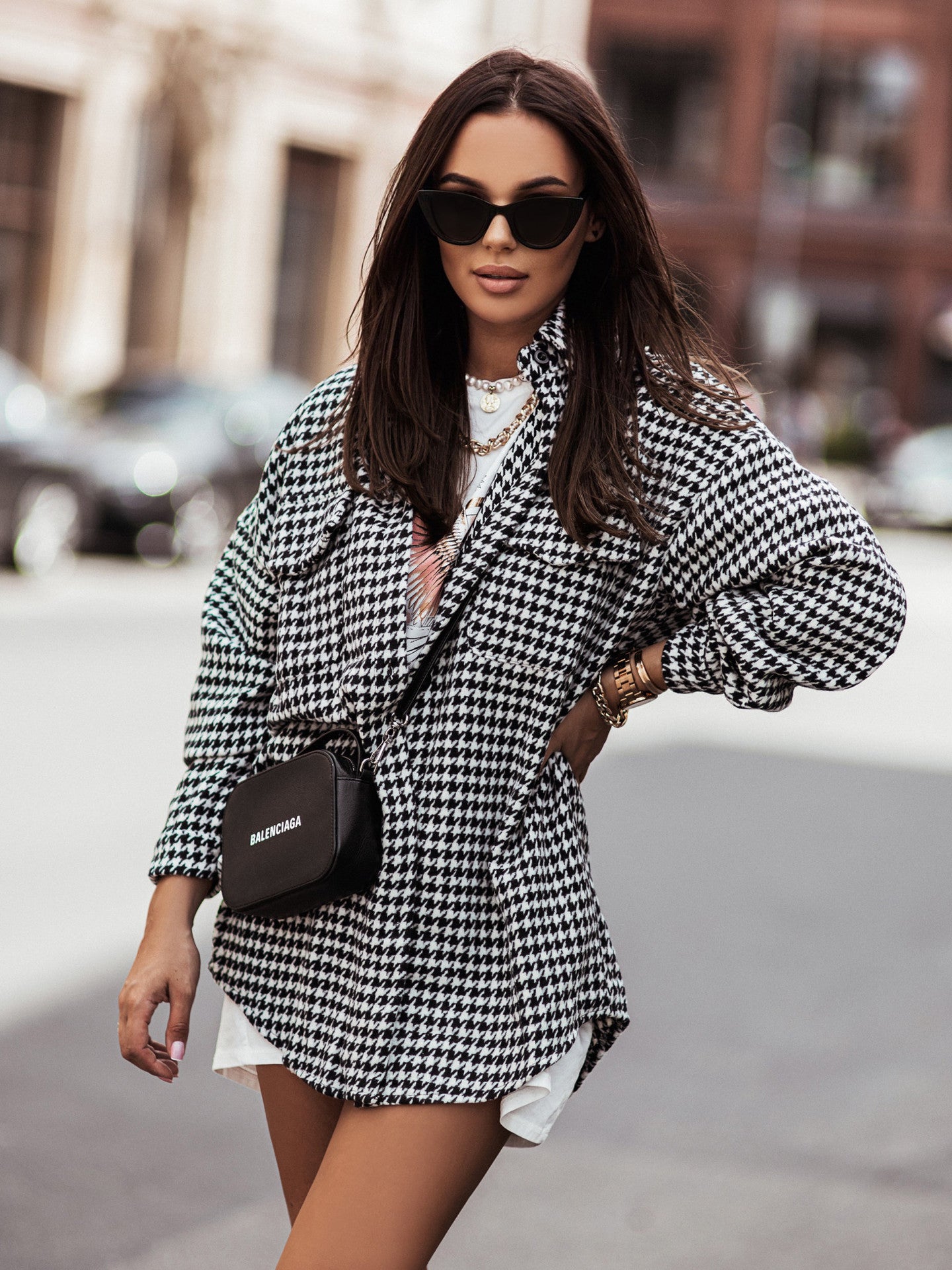 Women's Fashion Houndstooth Brushed Woolen Shirt Coat