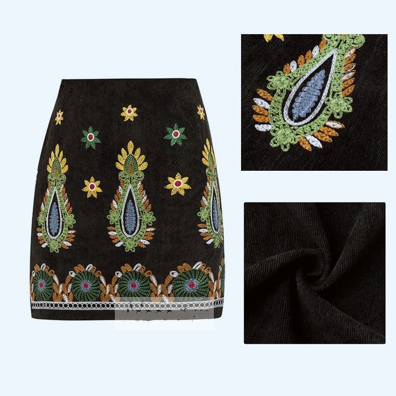 High waist embroidered art skirt