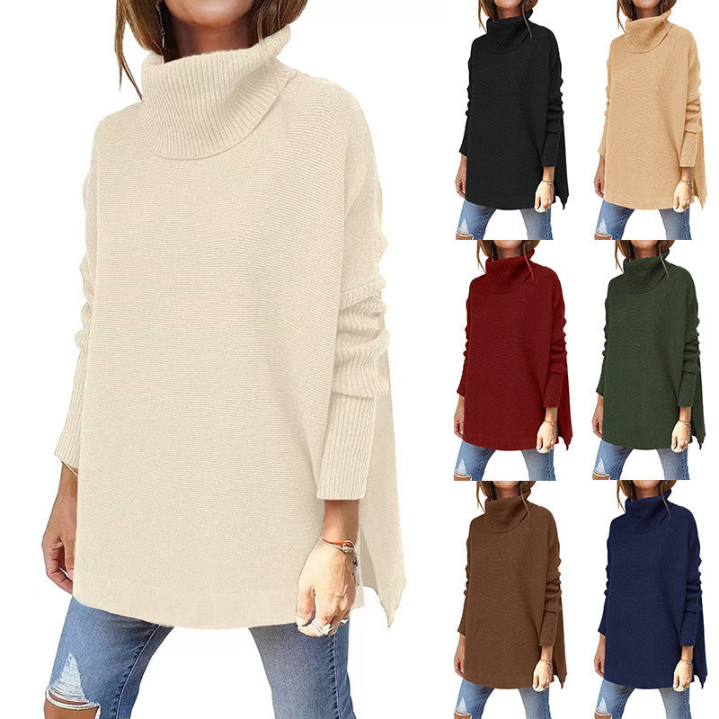 Turtleneck Sweater Mid Length Batwing Sleeve Slit Hem Tunic Pullover Sweaters Winter Tops Women Clothing