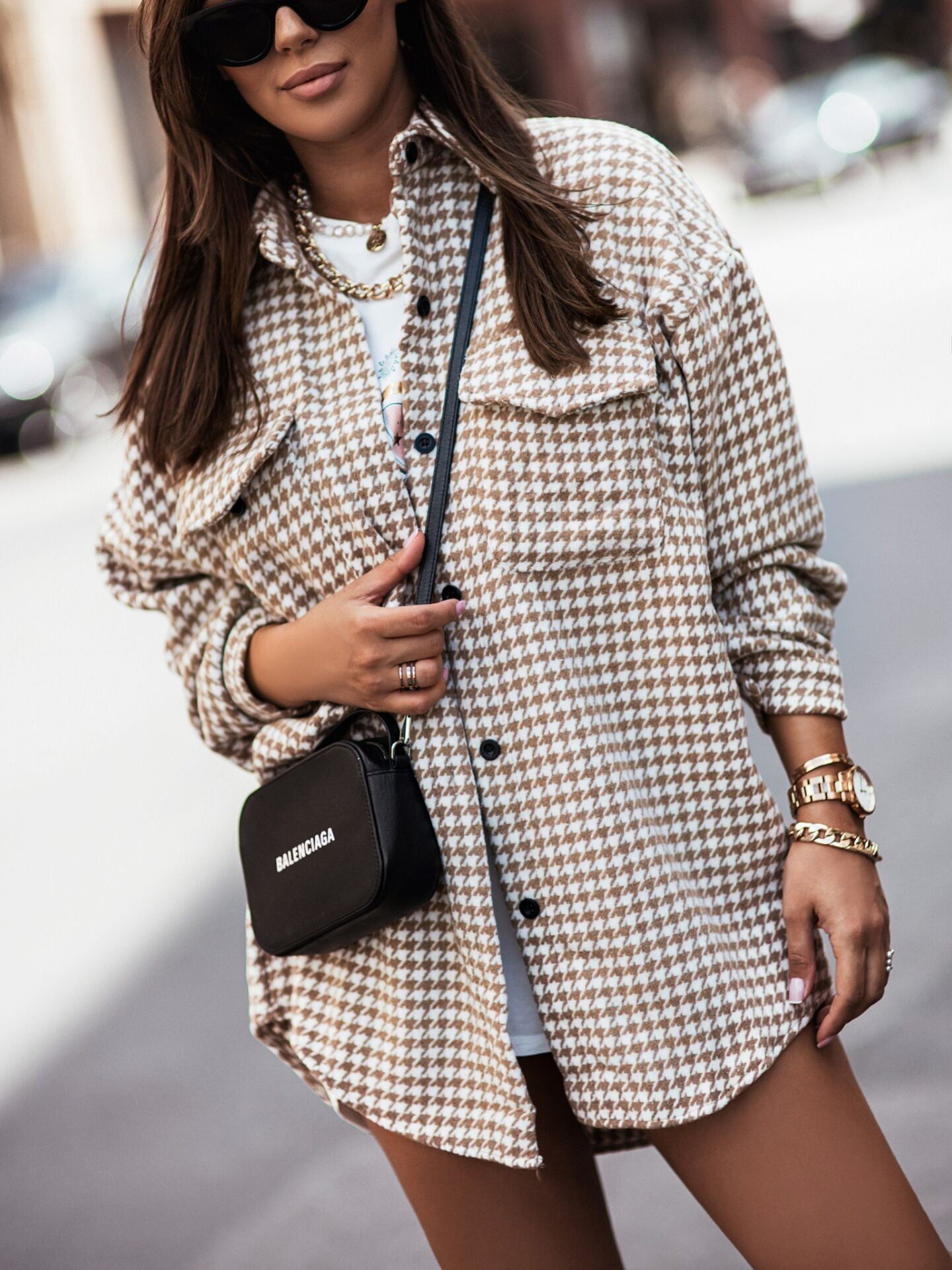 Women's Fashion Houndstooth Brushed Woolen Shirt Coat