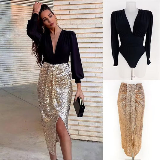 European And American Style Pleated High Waist Slimming Light Luxury Mid-length Sequins Skirt