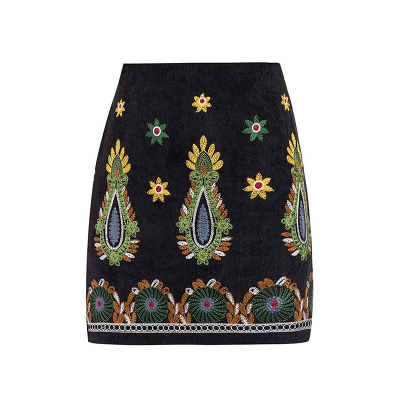 High waist embroidered art skirt