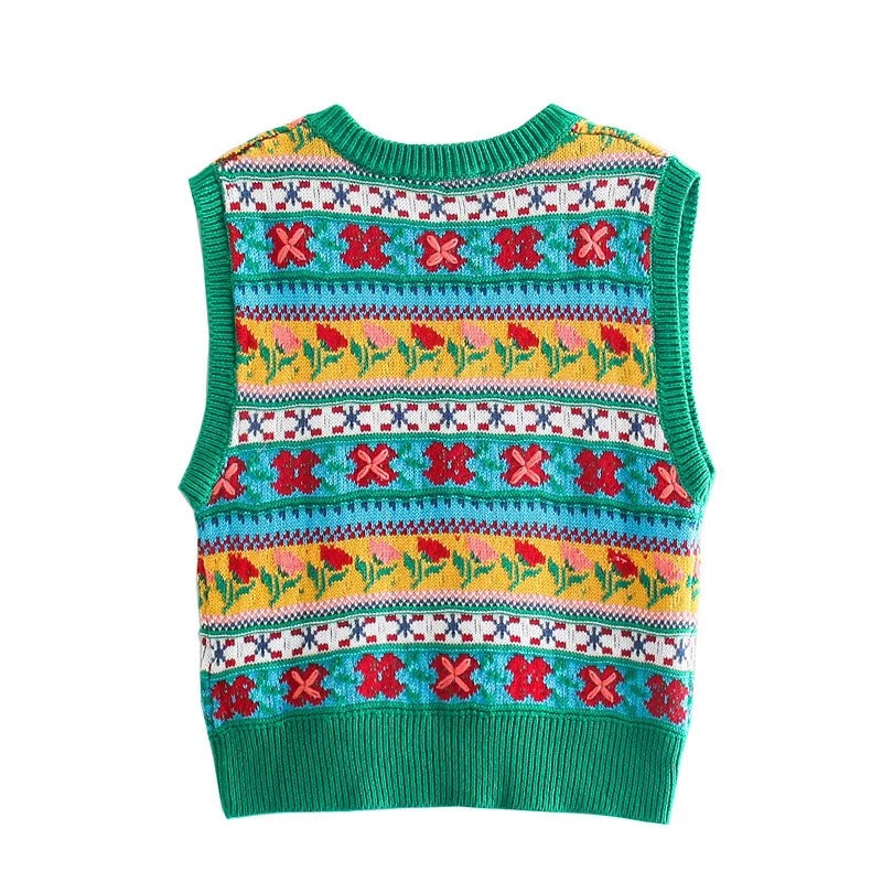 Women's Vintage Flower Jacquard Knit Vest