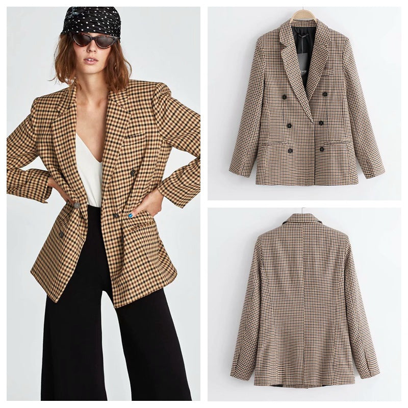 European And American Style Women's New Plaid Double-breasted Coat