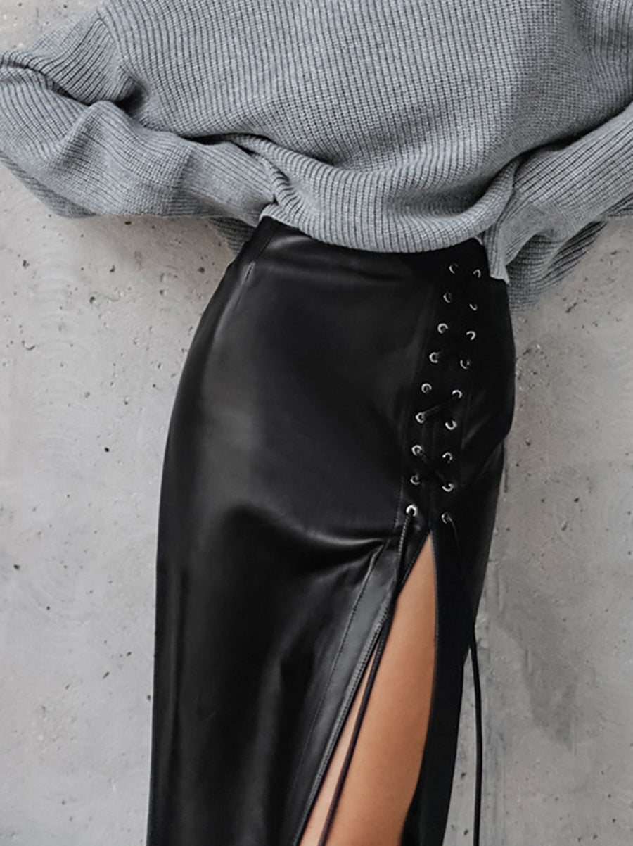 Punk Lace-up Black PU Leather Skirt Women