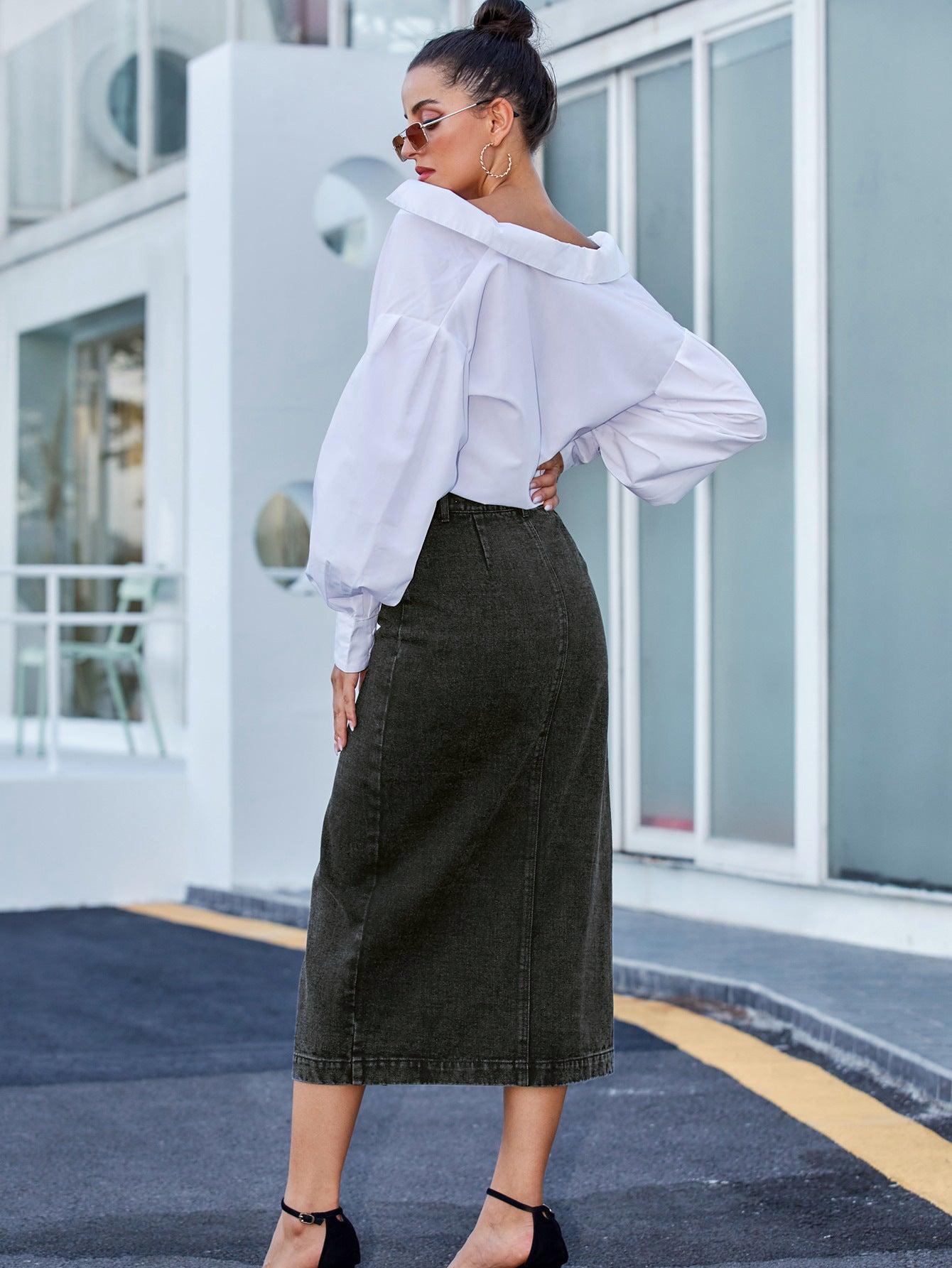 Button Irregular Slit Skirt Denim High Waist Long Skirt