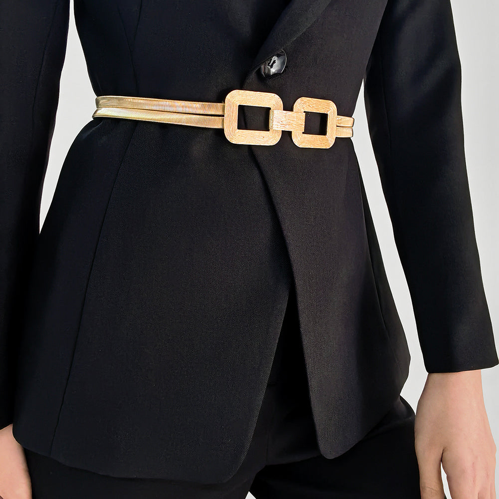 New Women's Metal Spring Waist Chain With Gold Elastic Square Buckle High-grade Elegant Coat Belt