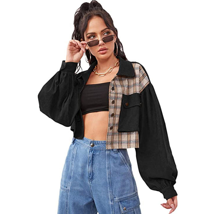 Women's Fashion Stitching Plaid Flip Corduroy Jacket