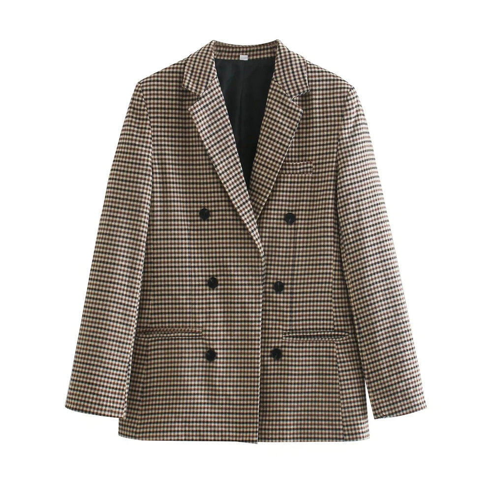 European And American Style Women's New Plaid Double-breasted Coat