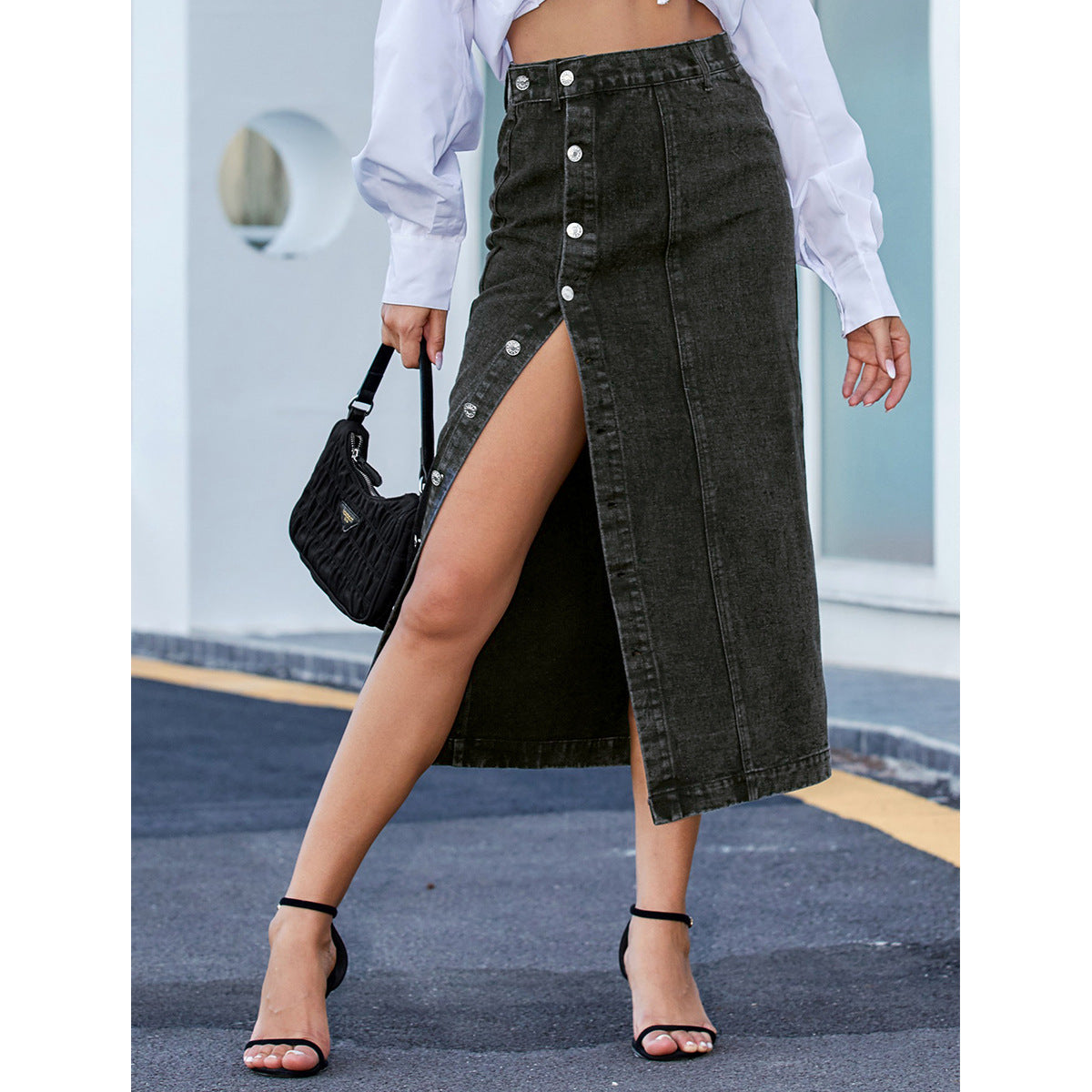 Button Irregular Slit Skirt Denim High Waist Long Skirt