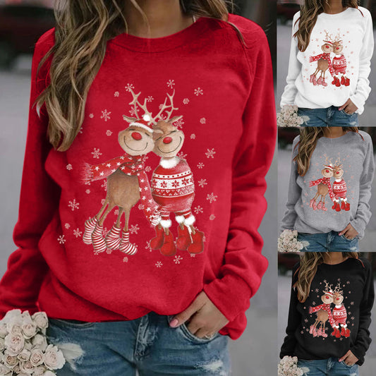 Women's Christmas Elk Digital Print Crew Neck Sweatshirt