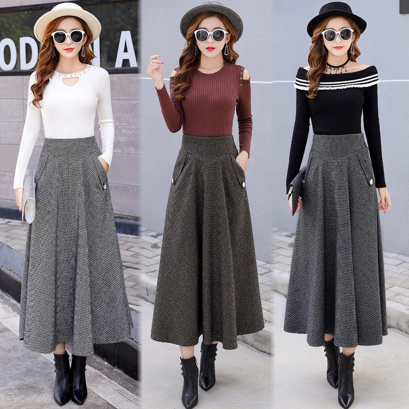 Autumn Japanese Woolen Slimming High Waist Plaid Large Swing Dress