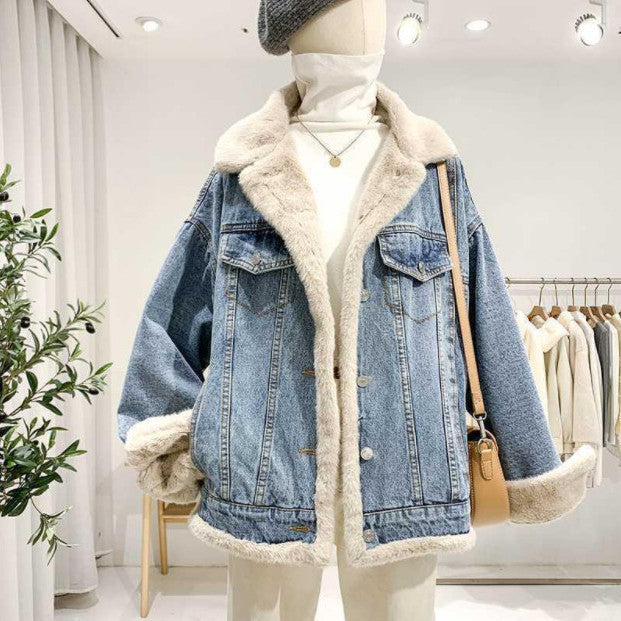 Women's Fleece Thickened Denim Short Jacket