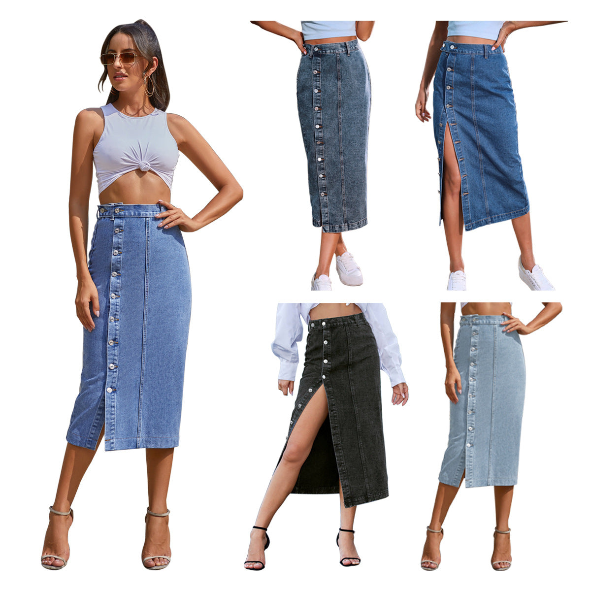 Button Irregular Slit Skirt Denim High Waist Long Skirt