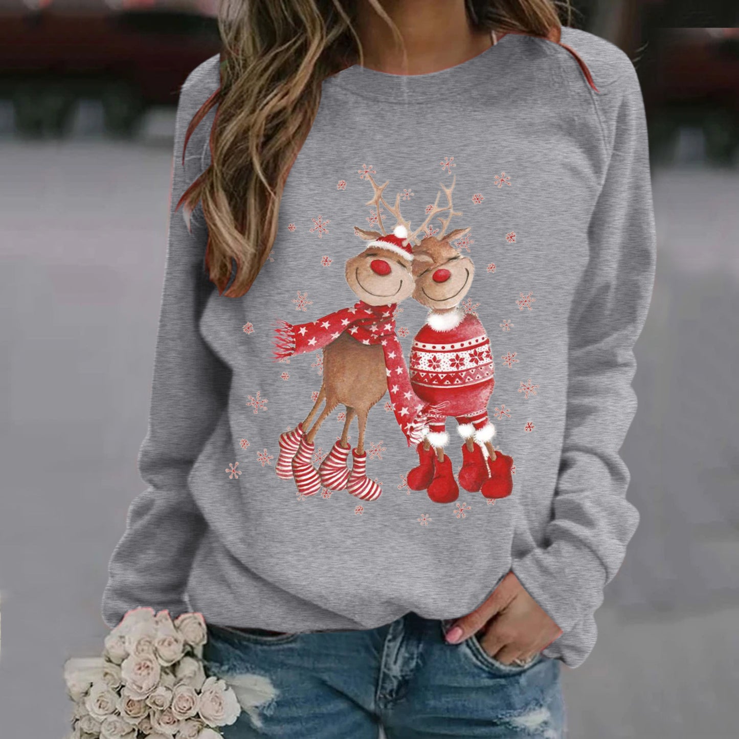 Women's Christmas Elk Digital Print Crew Neck Sweatshirt